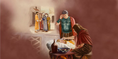 Un centurión mira a su esclavo, que está gravemente enfermo; al fondo, unos ancianos de los judíos hablan con Jesús