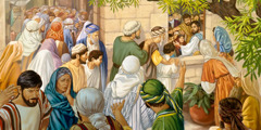 Large crowds gather around the house where Jesus is staying