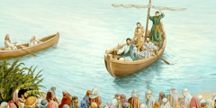 While sitting in a boat, Jesus teaches the crowd that has gathered on the shore of the Sea of Galilee