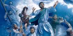 Jesus calms a storm on the Sea of Galilee