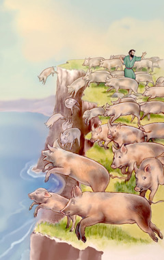 A herd of swine stampede over a cliff into the sea
