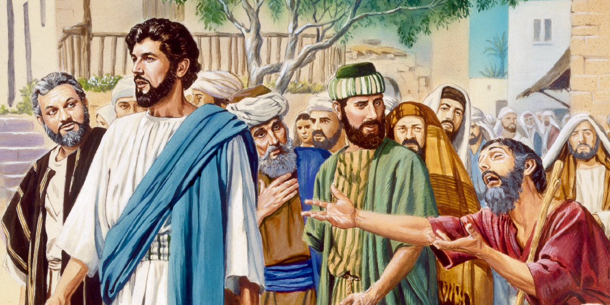 Een menigte volgt Jezus als hij het huis van Jaïrus verlaat