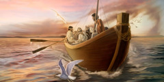 Jesus and some disciples in a boat
