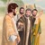 ペテロが他の弟子たちが見ている中でイエスに答えているところ