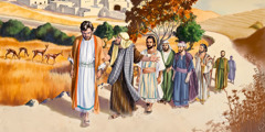Jesus e seus discípulos viajando para Jerusalém