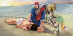 Samarytanin podchodzi do poszkodowanego mężczyzny po tym, jak kapłan i Lewita przeszli drugą stroną drogi