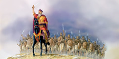 A king rides into battle followed by his well-armed troops