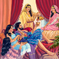 The prodigal son eating, drinking, and surrounded by women