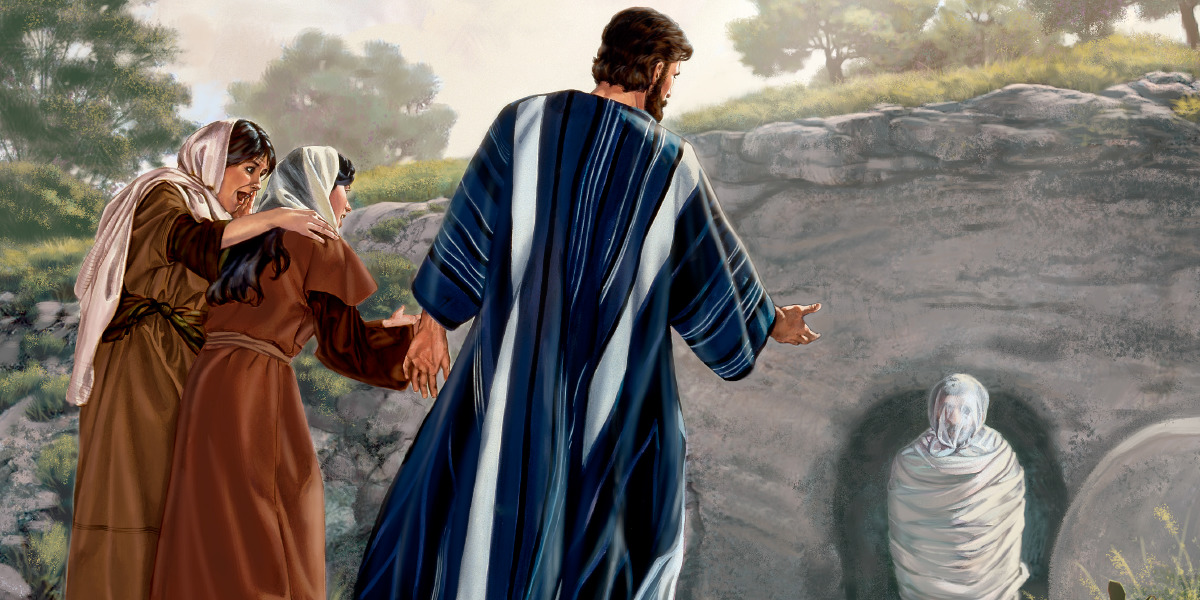 Martha und Maria beobachten, wie Jesus ihren Bruder Lazarus auferweckt