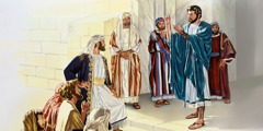 Jezus trzyma w ręku monetę i odpowiada na przebiegłe pytania faryzeuszy