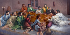 Jesus führt im Beisein seiner elf treuen Apostel das Abendmahl ein