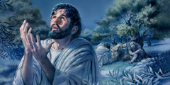 Jesus prays in the garden of Gethsemane while Peter, James, and John sleep