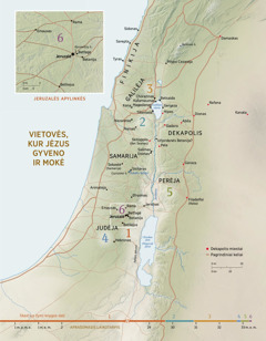 Žemėlapis su vietovėmis, kur Jėzus gyveno ir mokė
