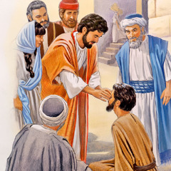Jezus nakłada na oczy niewidomego mężczyzny ziemię zmieszaną ze śliną