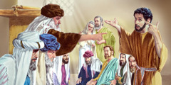 Le mendiant qui était aveugle répond aux pharisiens, furieux, tandis que ses parents observent la scène