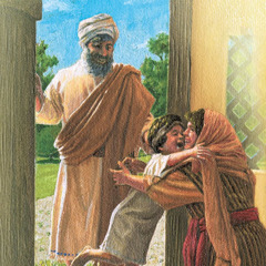 Uma viúva abraça seu filho depois de ele ter sido ressuscitado pelo profeta Elias