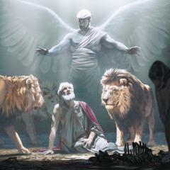 Um anjo protegendo Daniel dos leões