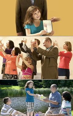 Scenes of a family preaching the good news, worshipping together at a Christian meeting, and exchanging gifts at a picnic
