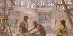 Ной и семейството му строят ковчега