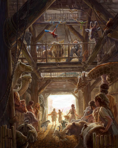 Noé, a família e os animais saem da arca.