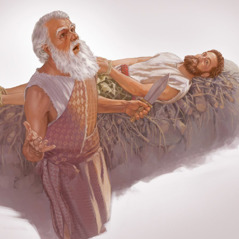 اسحاق مربوط بحبال على المذبح وإبراهيم يمسك سكينا