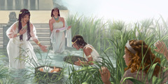 La fille de Pharaon trouve un bébé : c’est Moïse. Non loin, Miriam regarde ce qui se passe