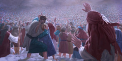De Israëlieten staan aan de voet van de berg Sinaï