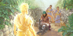 Bileams Eselin sieht Gottes Engel und legt sich auf den Boden