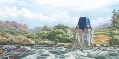 Priests carry the ark of the covenant through the Jordan River