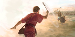 David schießt mit einer Steinschleuder auf Goliath