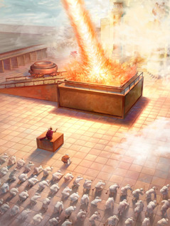 Jehova schickt Feuer vom Himmel, das die Opfergaben auf dem Altar verbrennt