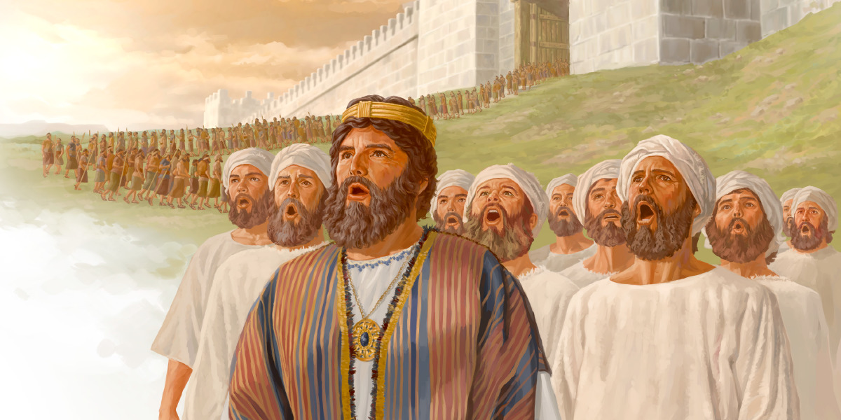 King Jehoshaphat and the Levite singers lead the army out of Jerusalem