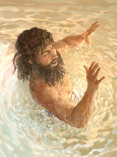 Naaman taucht aus dem Wasser im Jordan auf und ist geheilt