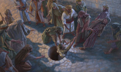 Ebed-Melech und andere ziehen Jeremia aus einem Brunnen