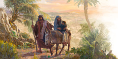 مريم راكبة على حمار وهي تحضن الطفل يسوع فيما يوسف يمشي بجانبهما