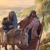 Mary and little Jesus ride a donkey and Joseph walks beside them