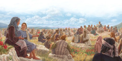Isus pred mnoštvom ljudi drži propovijed na jednoj gori