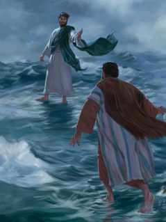 Jesus walks on water and tells Peter to come toward him