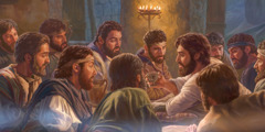 Jesus ist mit seinen 11 treuen Aposteln zusammen und führt das Abendmahl ein