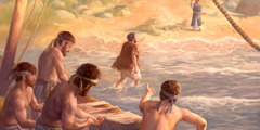 Peter reaches Jesus on the shore and the other disciples follow in a boat