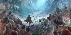 Моисей и израилтяните гледат как Червено море се разделя