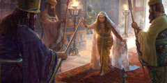 König Ahasverus hält Königin Esther sein Zepter entgegen