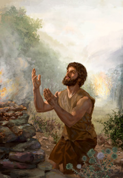 هابيل أمام المذبح يقدِّم تقدمة ليهوه.‏ نرى وراءه اثنين من الكروبيم يحرسان مدخل جنة عدن