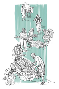 נוח ומשפחתו מביאים בעלי חיים ובונים מזבח להקרבת קורבנות.‏