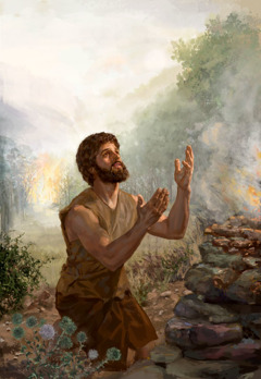Abel knielt voor een altaar en biedt een offer aan Jehovah aan. Op de achtergrond staan cherubs die de toegang tot de tuin van Eden versperren