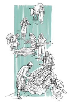 Noach en zijn gezin verzamelen dieren en bouwen een altaar om offers te brengen