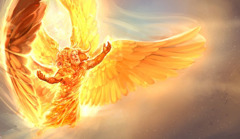 Az Ezékiel látomásában szereplő négyarcú négy élő teremtmény egyike kitárt szárnyakkal.