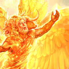 Az Ezékiel látomásában szereplő négyarcú négy élő teremtmény egyike kitárt szárnyakkal.