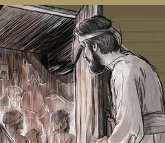 حزقيال ينظر إلى غرفة في الساحة الداخلية للهيكل،‏ فيرى شيوخًا يُقدِّمون البخور لنقوش على الحائط تُمثِّل آلهة مزيفة