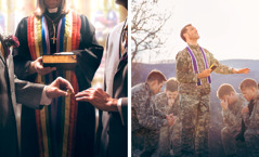 النجاسة الأخلاقية في العالم المسيحي.‏ ١-‏ رجل دين يحمل كتابًا مقدسًا ويبارك الجنود.‏ ٢-‏ إمرأة من الإكليروس تحمل كتابًا مقدسًا وتُزوِّج رجُلين مثليين